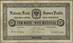 Finland, Pick 50b 5 markkaa 1886 No 5622404. Pressed. Minor tear in ...