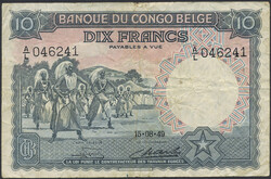 Belgian Congo, Pick 14E 10 francs 15.08.49 A/L 046241. Minor foxing. ...