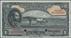 Ethiopia, Pick 12s2 1 dollar ND (1945) Specimen note. Graded by PMG ...