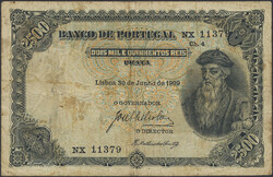 Portugal, Pick 107 2½ mil reis ND No: NX 11379. old date 30/6 1909. ...