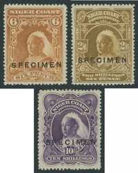 NIGER COAST: 1897-98 QV Crown CA Wmk 6d brown, 2/6d bistre & 10/- ...