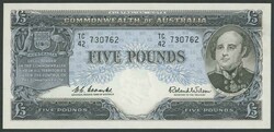 1960 £5 Coombs/Wilson Reserve Bank R50 serial 'TC/42 730762', ...