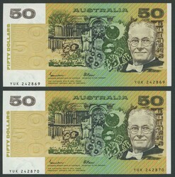 1985 $50 Johnston/Fraser OCR-B serials R509b consecutive pair serials ...