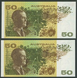 1985 $50 Johnston/Fraser OCR-B serials R509b consecutive pair serials ...