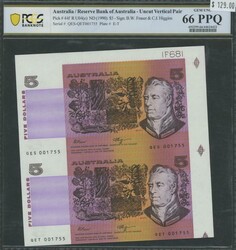 UNCUT NOTES: 1990 $5 Fraser/Higgins vertical pair and block of four ...