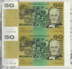 UNCUT NOTES: 1994 $50 Fraser/Evans vertical pairs comprising NPA ...