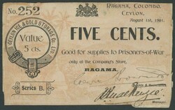 Prisoners of Boer War 1901 (August 1st) chit for 5 cents 'No 252' at ...