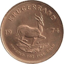 KRUGERRRAND: 1974 gold (33.93g, 0.917) KM73, obv. Paul Kruger, rev. ...