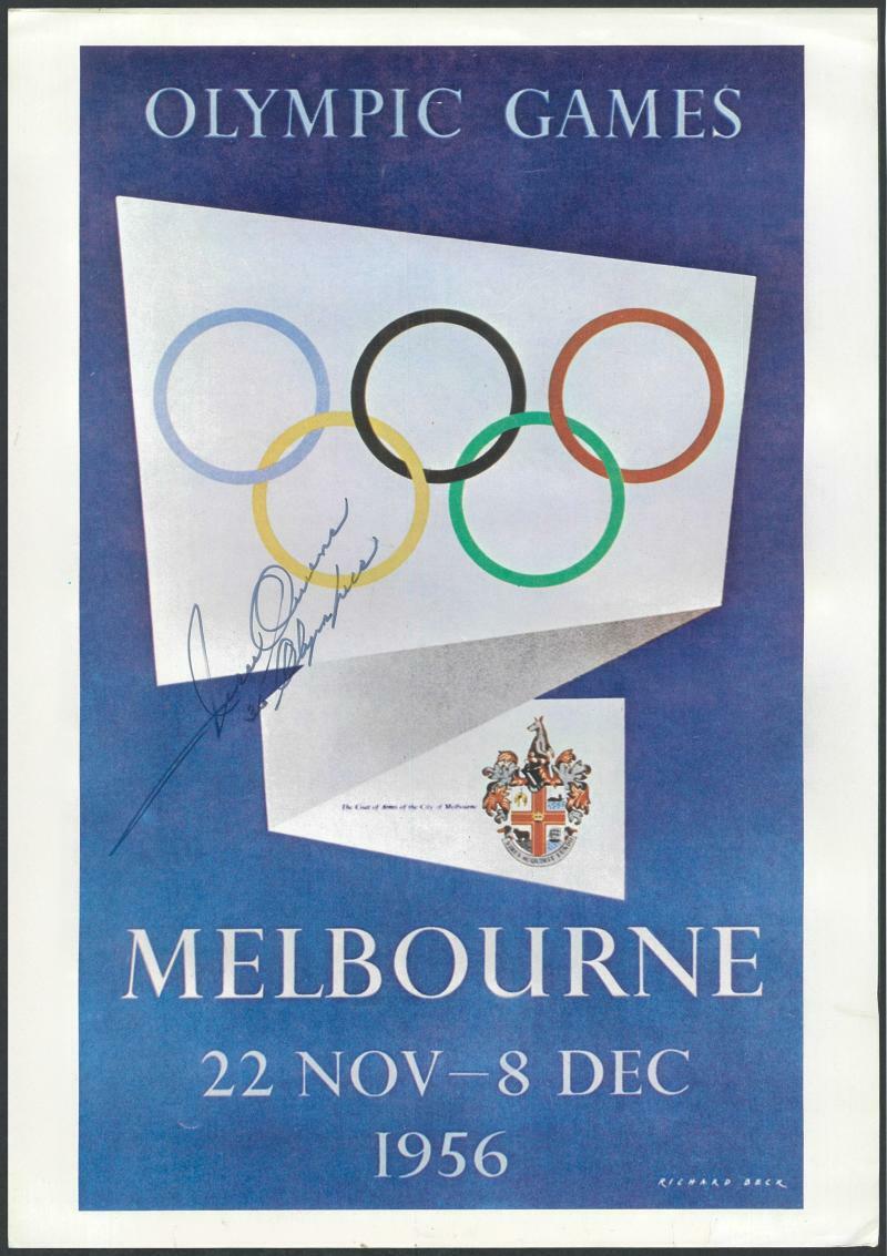 Jesse Owens Signature on page showing 1956 Olympic Games poster; ...