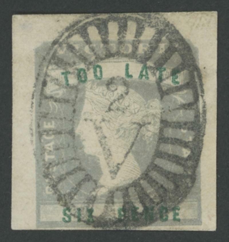 1854-55 QV Woodblocks 6d 'TOO LATE' lilac & green SG 33, margins ...