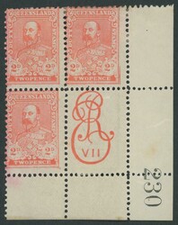 STAMP DUTY: 1901 KEVII 2d rosine lower-left block of 4, the last unit ...