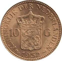 1932 Wilhelmina 10 guilder gold (6.73g 0.900) KM 162, aUnc