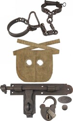 Convict Memorabilia including leg irons, iron collar with padlock, ...