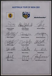 Display comprising official team sheet 2001 Australian Tour of India ...