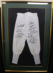 Autographs Display with riding pants with 16 signatures of jockeys ...