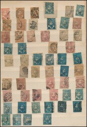 Untidy stockbook collection with QV Half-Lengths 1d x24, 2d x8 and 3d ...