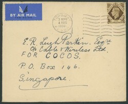 1950 (Aug 4) airmail envelope from England with KGVI 1/- brown tied ...