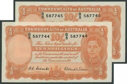 1952 KGVI 10/- Coombs/Wilson R15 pair serials 'B/8 587744'-'745', ...