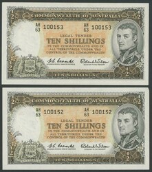 1954 10/- Coombs/Wilson group with Commonwealth Bank R16 prefix ...