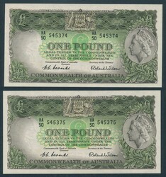 1953 QEII £1 Coombs/Wilson Commonwealth Bank R33 consecutive pair ...