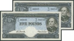 1954 £5 Coombs/Wilson Reserve Bank R50 consecutive pair serials ...