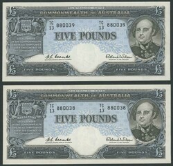 1954 £5 Coombs/Wilson Reserve Bank R50 consecutive pair serials ...