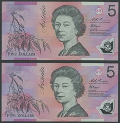 1995 $5 Fraser/Evans R217aF consecutive pair First Prefix serials ...