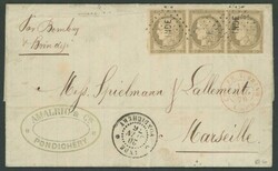 INDIA, SETTLEMENTS IN: 1876 entire letter headed "Pondichery 20 juin ...