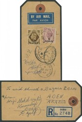DUBAI: 1949 (June 21) parcel tag registered airmail to "Aden, Arabia" ...