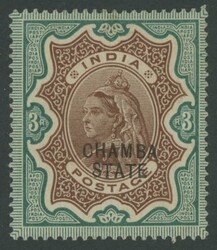 CONVENTION STATES - CHAMBA: 1895 'CHAMBA/STATE' overprint on QV 3r ...