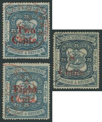 1890-92 Surcharges on Arms in red on 25c indigo 'Two/Cents.', ...