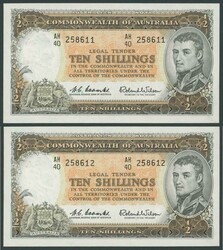 1961 10/- Coombs/Wilson Reserve Bank R17 pair serials 'AH/40 ...
