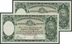 1933 KGV £1 Riddle/Sheehan R28 consecutive pair serials 'L/82 ...