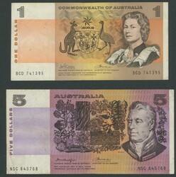 Paper note collection comprising 1967 Coombs/Randall $5 R202, $10 ...