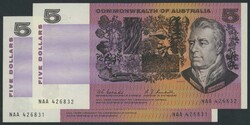 1967 $5 Coombs/Randall R202F First Prefix pair serials 'NAA ...