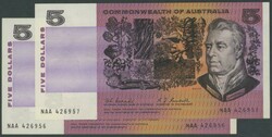 1967 $5 Coombs/Randall R202F First Prefix pair serials 'NAA ...