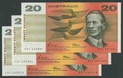 1989 $20 Phillips/Fraser R411 (x3) all prefix 'EXV', Uncirculated, ...