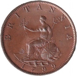 HALFPENNY: 1799 George III ½d Spink 3778 raised line on ship hull, ...