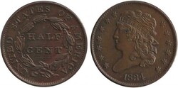 HALF CENT: 1834 ½c Classic Head KM 41, mintage 141,000, aUnc.