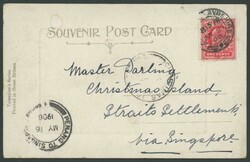 1908 (April 2) picture postcard to "Master Darling, Christmas Island, ...