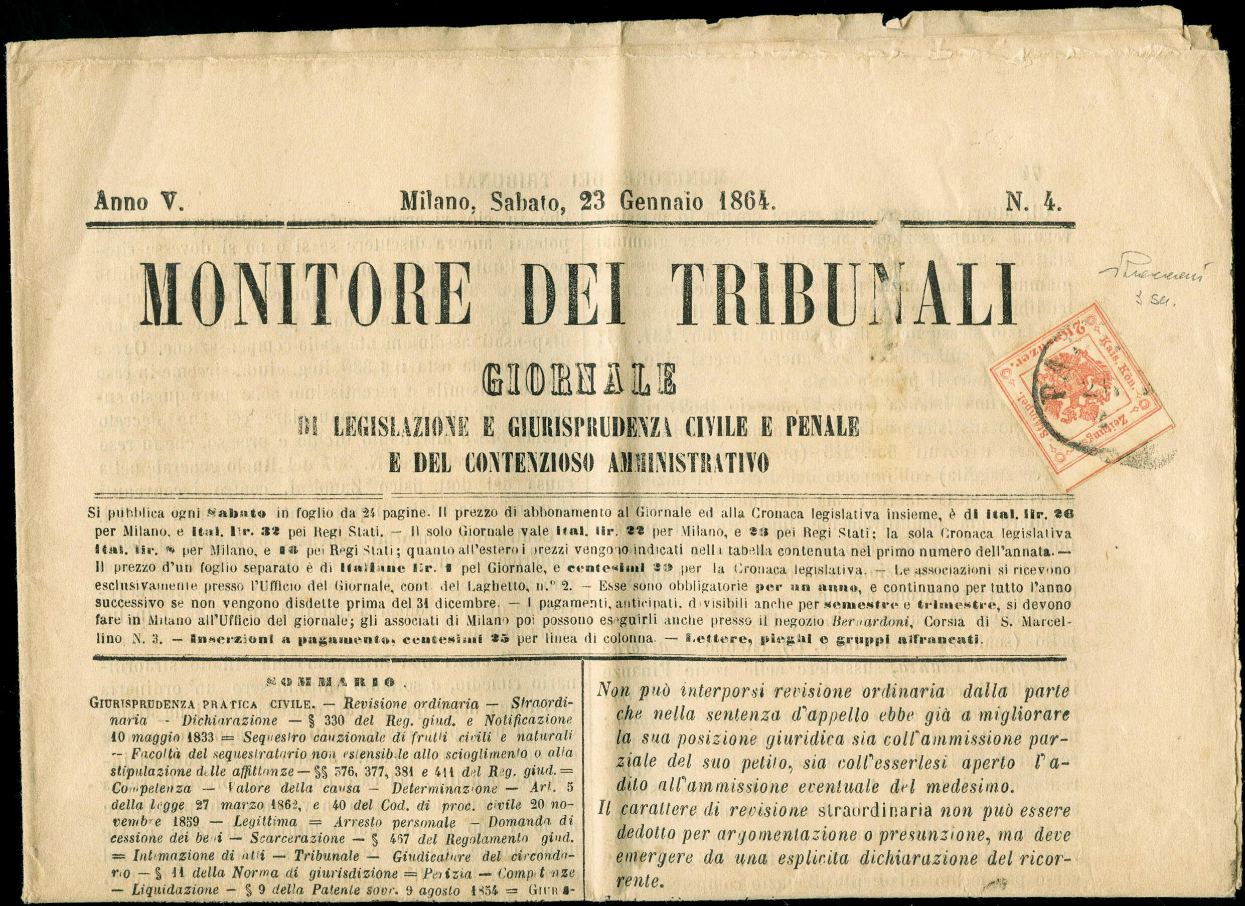 giornale completo "Monitore dei Tribunali" (Milano, 23.1.1864) ...