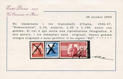 Democratica L.10 arancio + L.30 azzurro + L.100 carminio vivo fil. ...