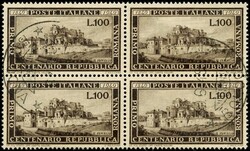 Repubblica Romana L.100 Sassone n.600, blocco di 4 ann. "Bologna 30.6 ...