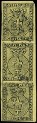 c.5 giallo n.1, striscia verticale di 3 - Sassone n.1a - ann. p.c. ...