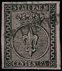 c.25 violetto n.8 - Sassone n.4 - ann. lineare su 3 righe "Parma 2 ...