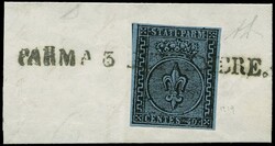 I em. c.40 azzurro n.9 - Sassone n.5 - ann. lineare "Parma 3 ...