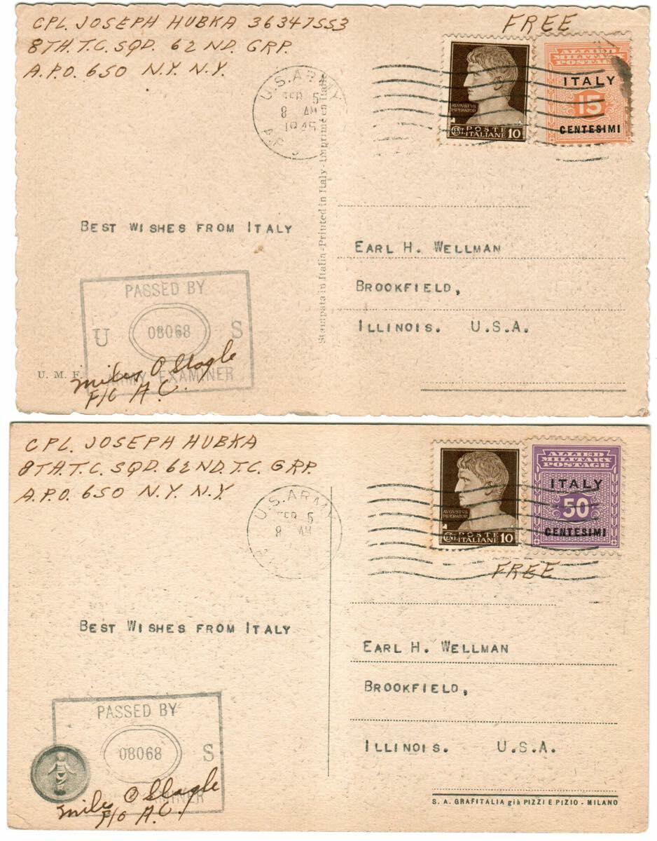 2 cartoline in franchigia da U.S.Army 5.2.45 negli USA con Imperiale ...