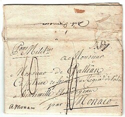 DEB. MONACO - manoscritto al retro di lettera da Parigi 1.12.1788 a ...