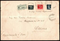 Assicurata 5.000 lire da Milano 30.6.44 a Crema con Imperiale 2,55 + ...