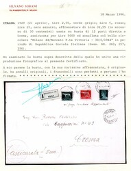 Assicurata 5.000 lire da Milano 30.6.44 a Crema con Imperiale 2,55 + ...